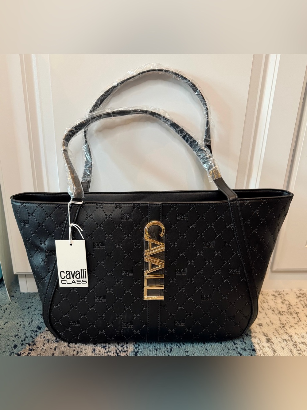 Cavalli Class Sandra Shopper Tote Black Deboss Gold Logo NWT